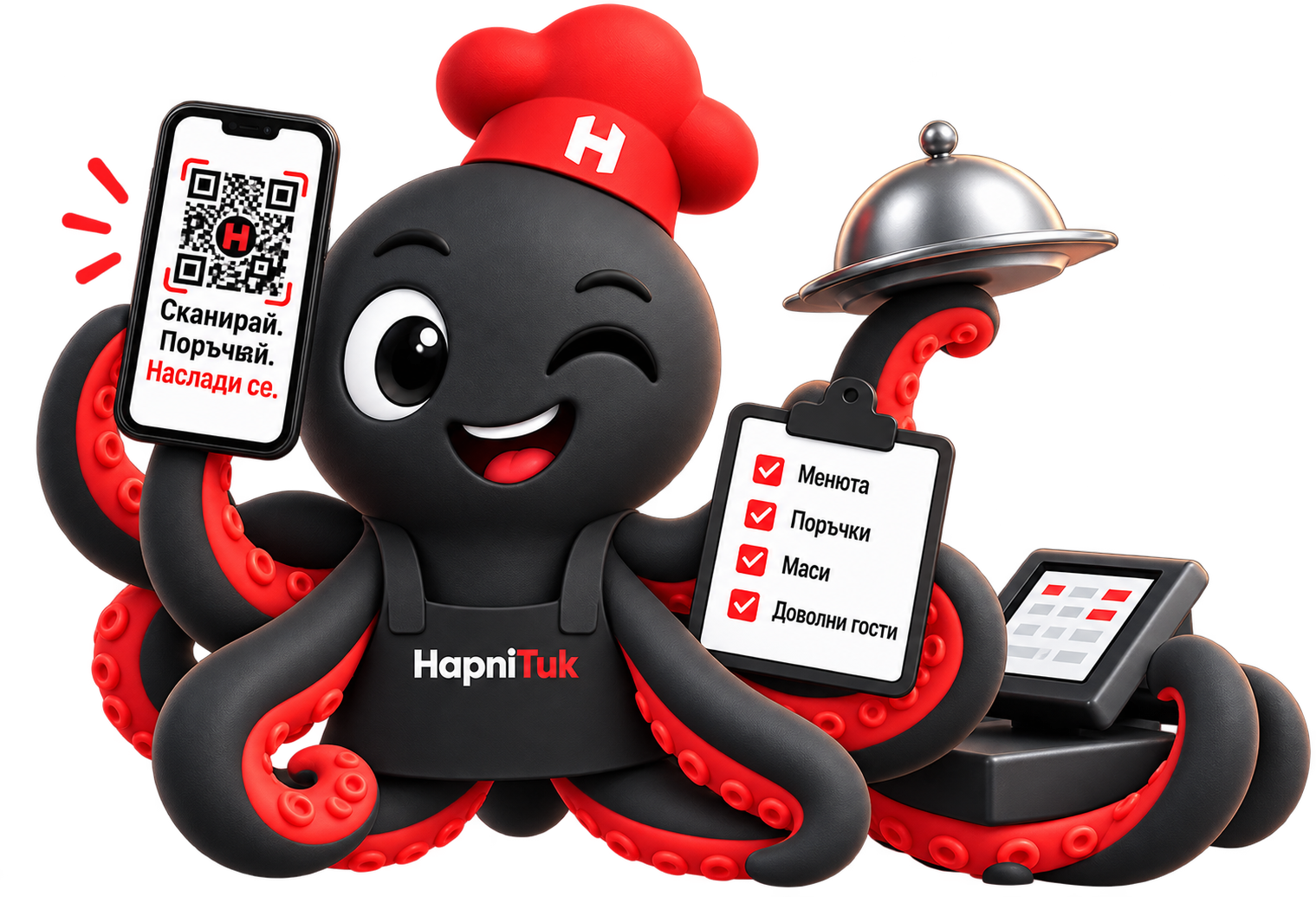 Tuki, das Maskottchen von HapniTuk, präsentiert das QR-Menü